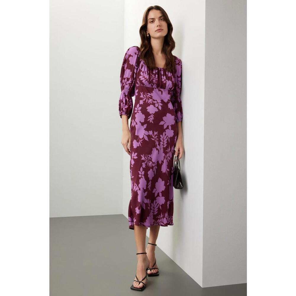 Peter Som x RTR Purple Floral Midi Square-Neck Dress Size 14 with Discoloration